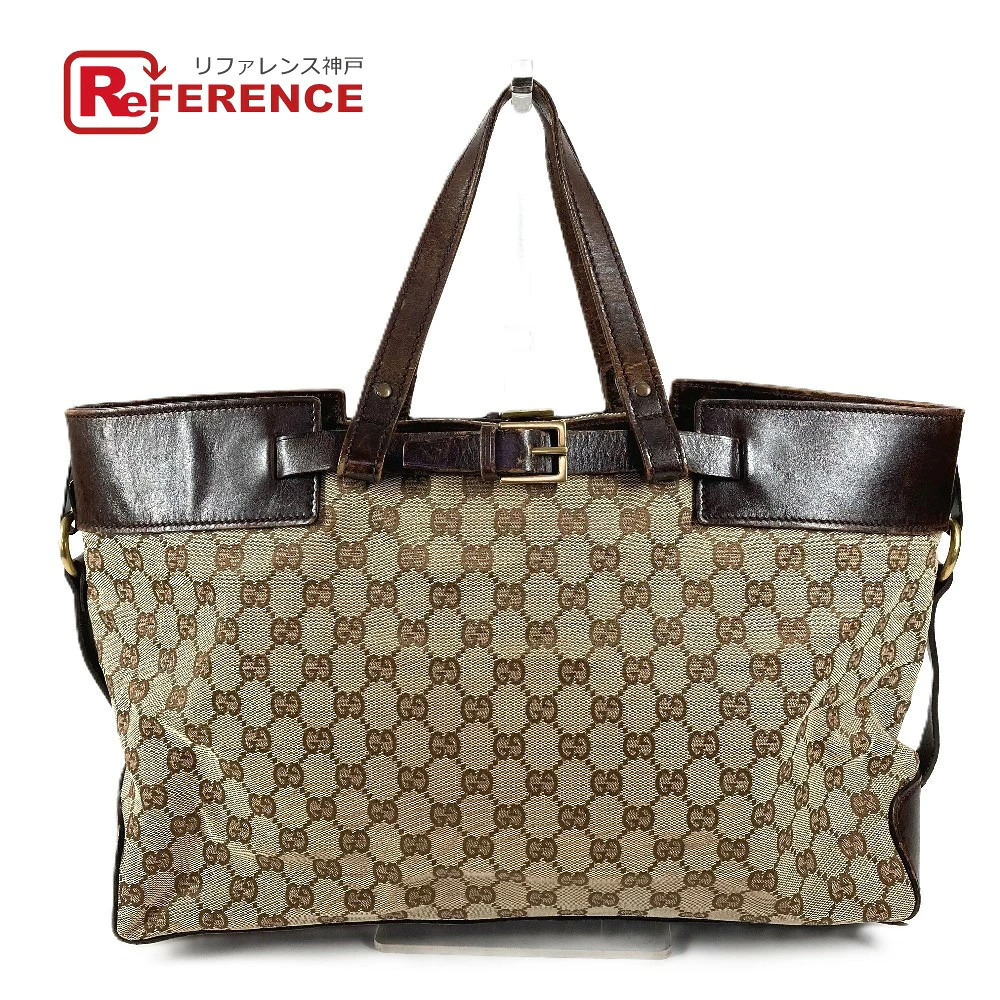 Gucci GG Tote Bag Shoulder Canvas Leather Beige